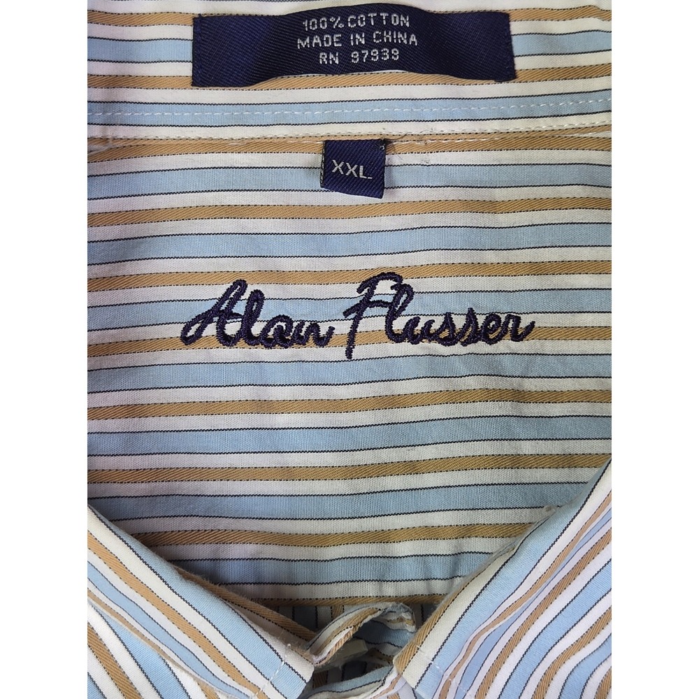 Alan Flusser Men's XXL Striped Dress Shirt Blue Tan Cotton Button Up Classic Fit - Picture 2 of 7